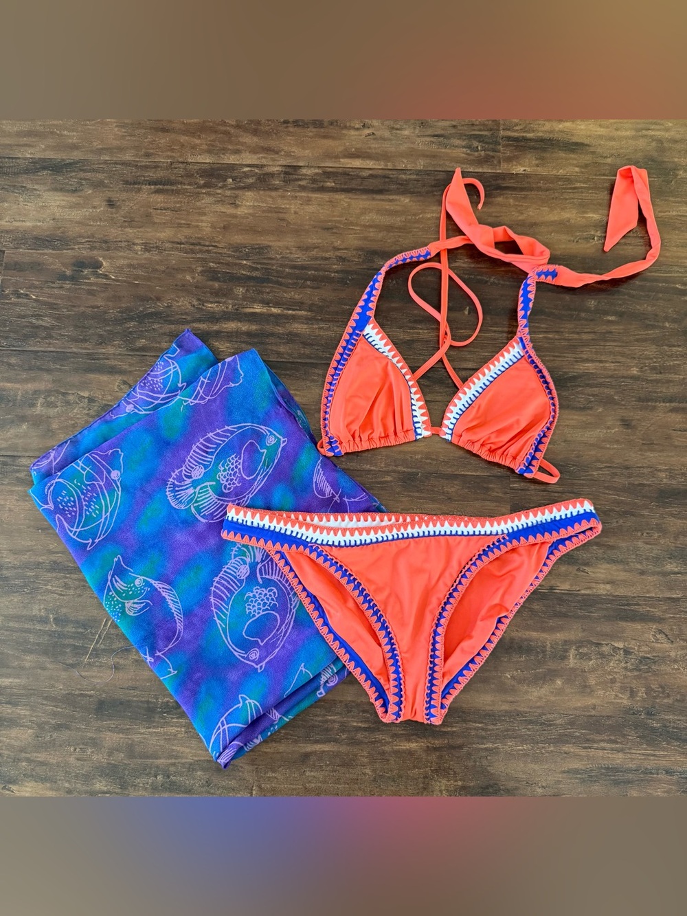 Coral Two-Piece Bikini Set Size 12/14 with Coverup Swimsuit Scarf Wrap